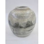 Old Chinese ginger jar with grey/blue lakeside decoration, 16cm high