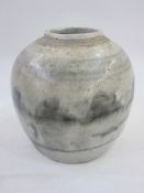 Old Chinese ginger jar with grey/blue lakeside decoration, 16cm high