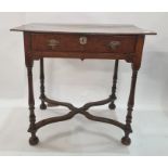 Late 17th century oak lowboy with single frieze drawer and on slender baluster supports, with wavy