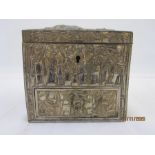 Antimony lidded box, square, embossed with figure, pagoda and bamboo, with basal drawer, 14cm square