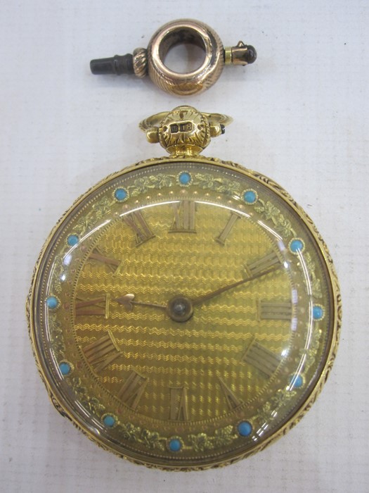 George IV 18ct gold open faced pocket watch, the engine turned dial with roman numerals within a