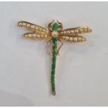 Gold brooch modelled as a dragonfly with enamel body, split pearl wings and ruby eyes, marked 14ct