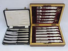 Cased set of six Victorian silver and mother-of-pearl-handled fish eaters, engraved blade, handle