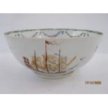 19th century Chinese porcelain punchbowl painted with three-masted sailing vessels, in iron red,
