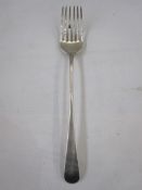 An 18th century silver serving fork, rattail pattern, initialled B, 28.5cm long, 3.5toz approx.