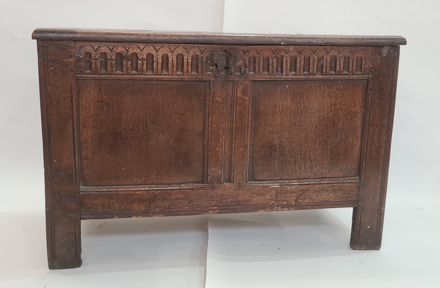 Antique oak coffer having triple-framed panelled top, nulled frieze, double-framed panelled front,