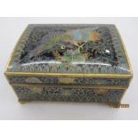 Cloisonne box, rectangular with slightly domed hinged lid, decorated with a phoenix within lappet