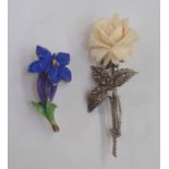 Marcasite and carved ivory rose brooch and a ceramic floral brooch (2)