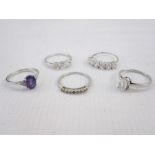 Five white 9ct gold stone set dress rings (5)