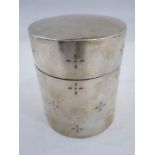 A 1960s silver lidded pot, cylindrical, initialled 'J' to lid, London 1969, maker Paul B