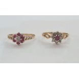 9ct gold, ruby and diamond ring set small diamond to the centre surrounded by six rubies and a 9ct