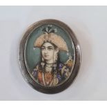 Persian miniature on ivory Head and shoulders portrait of a girl wearing ornate headdress and robes,