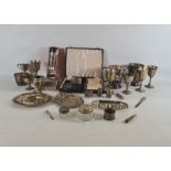 Quantity of plated ware to include cruet set, trinket box, cups, cased fish eaters, tray, trophy