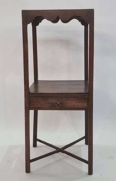 Late 19th/early 20th century mahogany washstand, the square top with recesses for washbowls, shelved