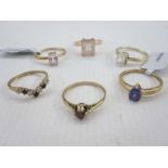 Six 9ct gold stone set dress rings (6)