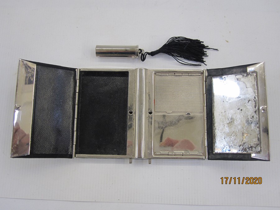 Early to mid-20th century chrome and fabric compact with central lipstick flanked by two hinged - Image 2 of 2