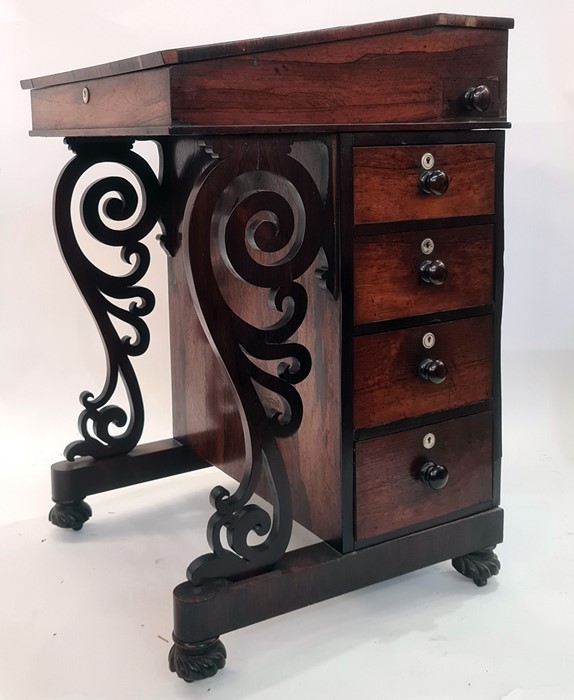 Victorian rosewood Davenport, having sloping lift-up top, fitted two drawers, mother-of-pearl