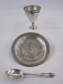 Early 20th century Turkish silver zarf with beaded rim and geometric border, a small white metal pin
