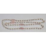 9ct gold, baroque pearl and rose quartz necklace with leather covered Garrard box