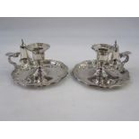 Pair silver plated chambersticks, each with removable serpentine edged drip tray, bell-shaped