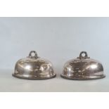 Pair silver plated dome meat covers with foliate handles, gadrooned borders