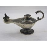 Late 20th century Egyptian silver miniature model of an oil lamp with engraved decoration pedestal