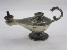 Late 20th century Egyptian silver miniature model of an oil lamp with engraved decoration pedestal