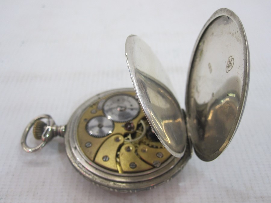 800 standard silver full hunter pocket watch the enamel dial inscribed Chronometre PWC, with roman - Image 3 of 3