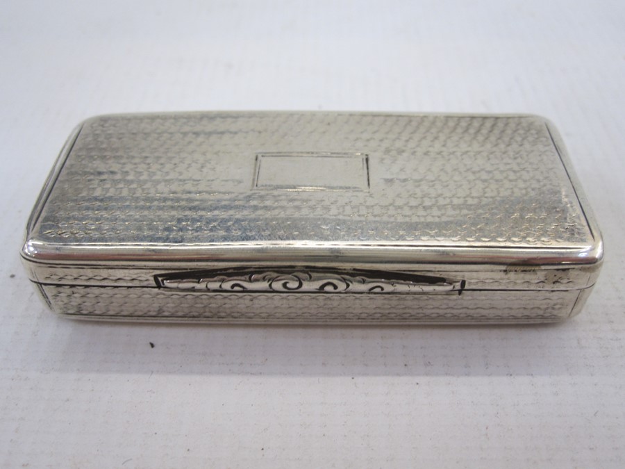 Victorian silver snuff box by Nathaniel Mills, rectangular and engine-turned with chased edge,