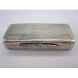 Victorian silver snuff box by Nathaniel Mills, rectangular and engine-turned with chased edge,