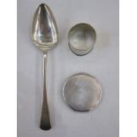 A George III silver table spoon, London 1803, maker Edward Lees, 1.4toz, a napkin ring, engraved '