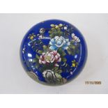 Cloisonne enamel circular bowl and cover, blue ground and decorated with flowers and butterflies,