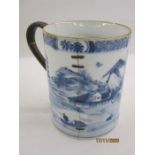 Probably late 18th century Chinese porcelain mug, cylindrical with underglaze blue lakeside