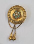 Antique gold-coloured metal, aquamarine and pearl pendant/brooch, circular with matt finish set with