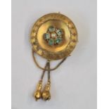 Antique gold-coloured metal, aquamarine and pearl pendant/brooch, circular with matt finish set with