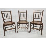 Set of eight country oak and elm railback dining chairs each with quadruple baluster spindles to the