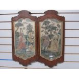 Pair of circa 1720 embroidered panels, one depicting a shepherd with crook, a lady standing and