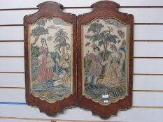 Pair of circa 1720 embroidered panels, one depicting a shepherd with crook, a lady standing and