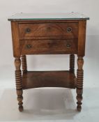 Figured walnut bedside table with two short drawers and on turned supports with under-platform, 53cm