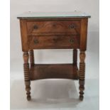 Figured walnut bedside table with two short drawers and on turned supports with under-platform, 53cm