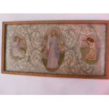 An early 20th century embroidered panel in Pre-Raphaelite style, rectangular with oval cartouche