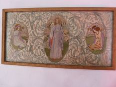 An early 20th century embroidered panel in Pre-Raphaelite style, rectangular with oval cartouche
