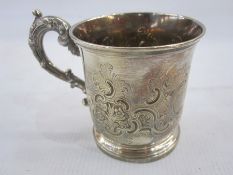 Victorian silver mug by the Barnards, London 1843 with engraved decoration and scrolling leaf capped