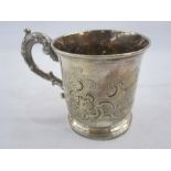 Victorian silver mug by the Barnards, London 1843 with engraved decoration and scrolling leaf capped