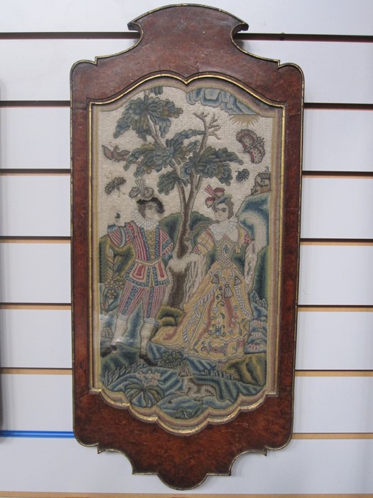 Pair of circa 1720 embroidered panels, one depicting a shepherd with crook, a lady standing and - Image 3 of 9