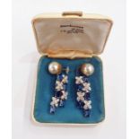 Pair white metal, diamante and faux sapphire dress earrings having quatrefoil set diamantes