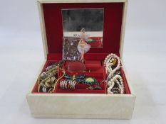 Marcasite set ring, silver earrings, brooches and other costume jewellery in jewel box
