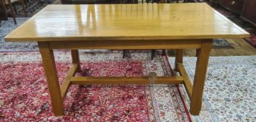 Large oak kitchen dining table, rectangular and on chamfered supports with H-stretcher, 158cm wide