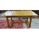 Large oak kitchen dining table, rectangular and on chamfered supports with H-stretcher, 158cm wide