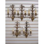 Set of Italian five twin-branch wall lights in the form of pineapples, with carved wood pineapple